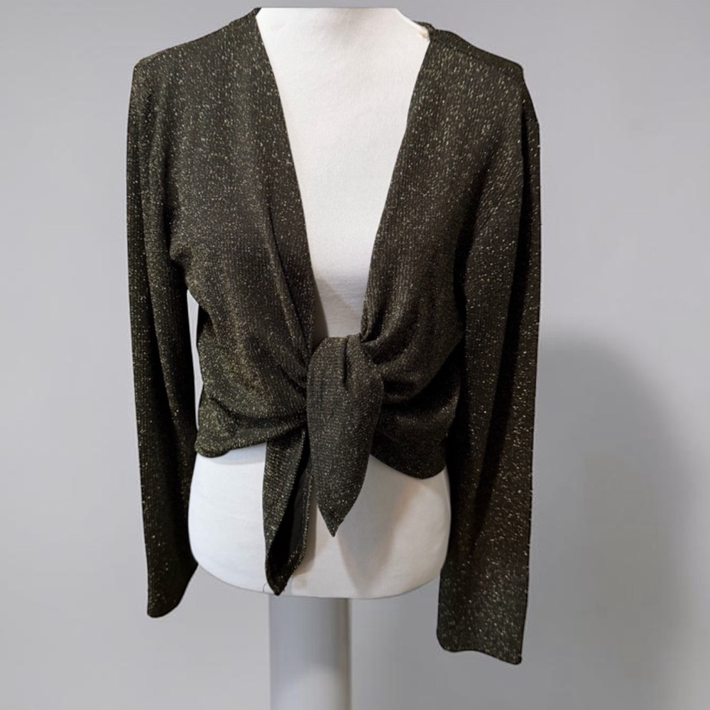 NEW• Women's Metallic Tie-Front Sweater Cardigan - Black & Gold•3X
